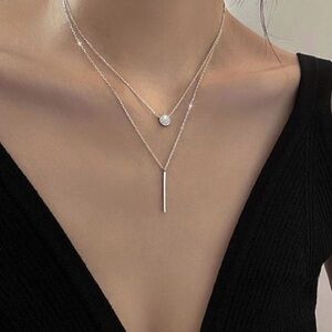 Silver Layered Bar and Disc Necklace